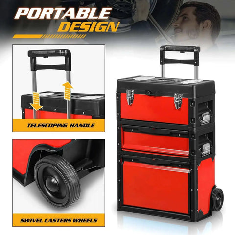 Heavy Duty Rolling Tool Chest With Three Tier Stackable Design On Wheels For Tools And Small Parts, shown with telescopic handle and caster wheels.