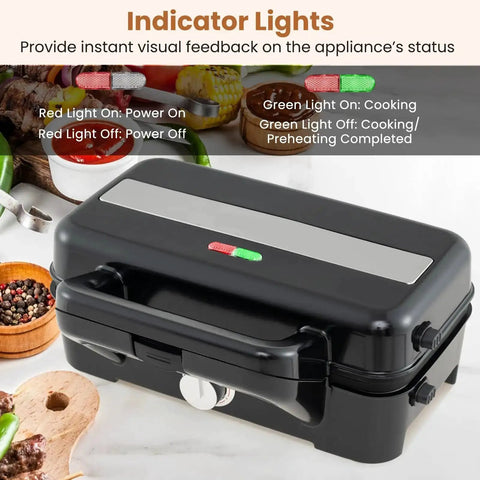 Image of black 3 In 1 Sandwich Maker Waffle Maker With Removable Plates And Panini Press, 1200W, featuring indicator lights.