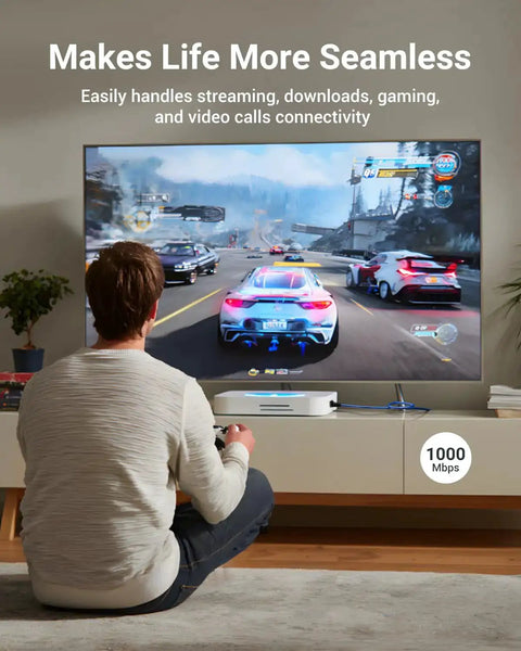Person gaming on TV with Pro Grade 25 Pack Cat6 RJ45 Pass Through Connectors, UL Listed, 10Gbps Unshielded Ethernet Plugs