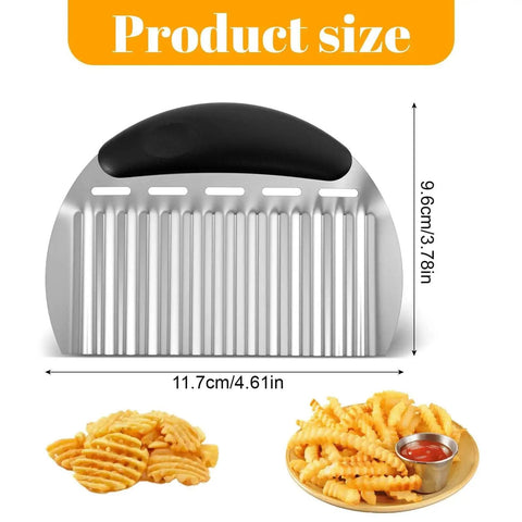 Versatile Crinkle Cutter For Veggies And French Fries, Stainless Steel Wavy Cutter showing product dimensions with waffle fries