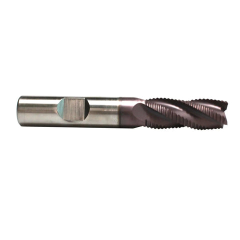 Side view of Roughing End Mill For Steel Precision Metal Cutting With Half Inch Diameter Shank And One And Quarter Inch Blade Length Four Flute M42 Eight Percent Cobalt TiAlN Coated Cutter HFS.