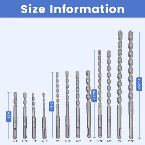 Size chart for 17 Piece Cemented Carbide Drill Bit And Chisel Set With Compact Storage Case And Handle For Wood Concrete Stone And Brick YG8C