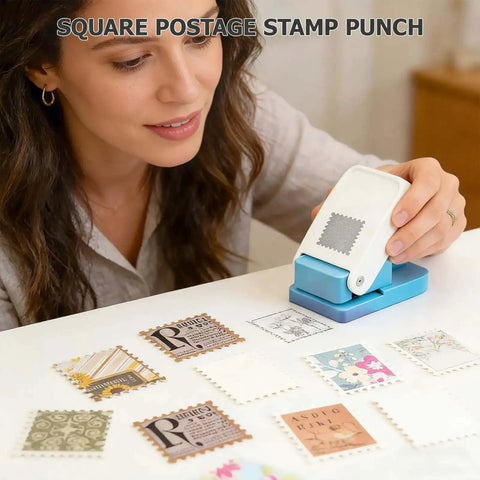 Woman using Rectangular Stamp Puncher Kit 0.8 Inch with lever action, surrounded by colorful paper stamps on a table.