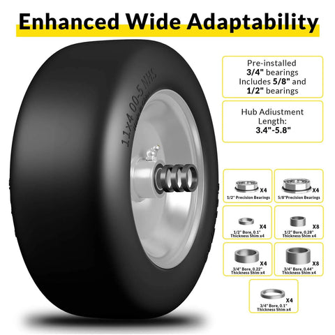 Side view of Flat Free 11x4.00-5 Lawn Mower Tire And Wheel Set, solid polyurethane, bearings 1/2, 5/8, 3/4, hub 3.4-5.8 Inch, gray