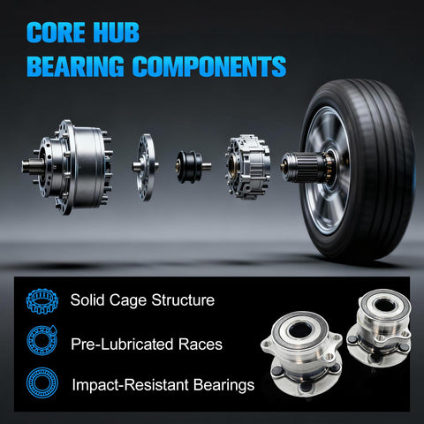 Front Wheel Bearing And Hub Assembly For Wrangler 2011 2012 2013 2014 2015 2016 2017 2018 4WD 5 Lug With ABS Direct Fit OE Quality Replacement Hub Kit Fits JK Models, exploded view showing components and assembled wheel.