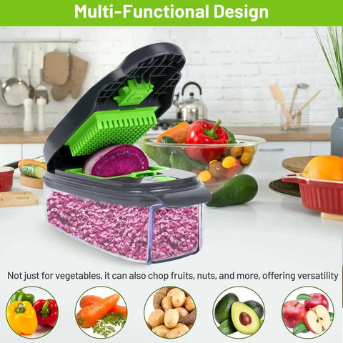 13 In 1 Veggie Chopper With Storage Container For Quick Prep Time Saver Onion Carrot Potato And Cucumber Chopping Salad Cutter And Multi Function Vegetable Cutter For Home Cooks Gift For Home Essentials Grey Green in use, chopping purple onions in kitchen.
