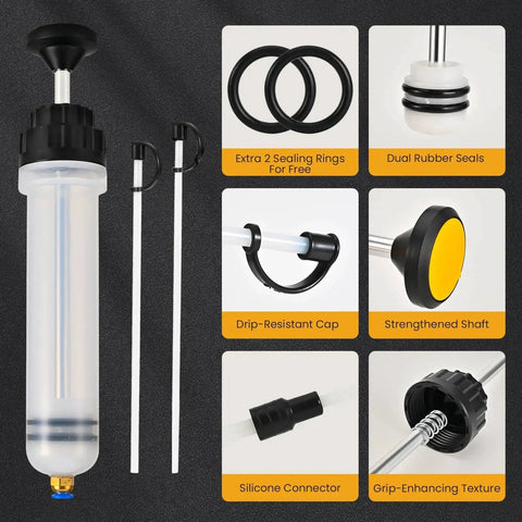 Syringe Style Fluid Evacuator Pump 200cc With Dual Hoses For Oil Change, featuring transparent body, dual hoses, and sealing rings.