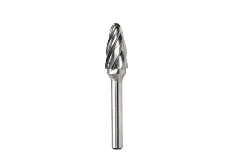 Aluma Cut Carbide Rotary Burrs Set 5 Piece One Quarter Inch Shank Heavy Duty For Die Grinder And Drill Aluminum Metal Carving Polishing Engraving Drilling 92 HRC Single Cut For Fast Stock Removal, close-up of a single burr tool with spiral flutes.
