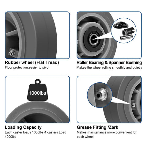 Heavy Duty 6 Inch By 2 Inch Rubber Tread Caster Wheels Set Of 4 With 1/2 Inch Bore For Carts And Hotels Quiet Indoor Use chart