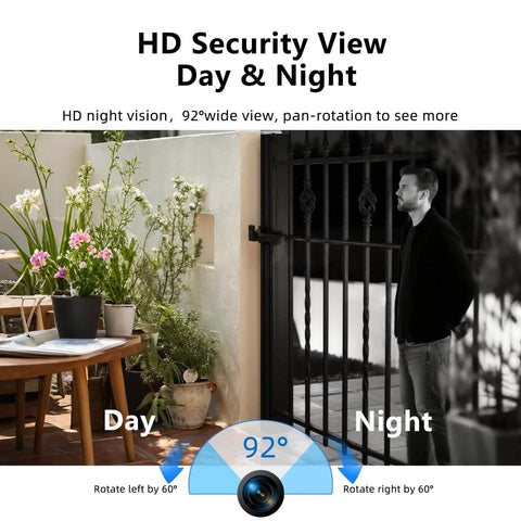 Person standing by gated entrance demonstrating Wireless Video Doorbell With Chime And HD Camera, Long Battery Life, 92 Degree Wide View And Pan, AI Motion Detection, 2 Way Audio, Cloud Storage, 2.4GHz Wi Fi, No Fuss All In One Smart Home Security Doorbell With Easy Setup