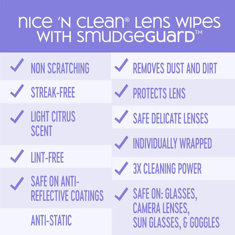 SmudgeGuard Lens Wipes 100 Count For Glasses Cameras Non Scratching, features list on blue background