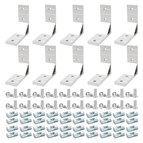 10 Pack 1 Inch Slot Aluminum Corner Brackets For 1010 And 2525 Extrusions With M6 Bolts And Nuts shown with screws and nuts included