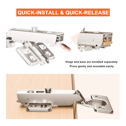 Two-Pack Precision Engineered Full Overlay Cabinet Hinges For Frameless Cabinets With Soft Close Concealed 3D Adjustable Hinges Plus Minus 3mm Left Right Heavy Duty Nickel Plated With Four Hole Mounting Plate And Screws Kimdot, showing installation process.