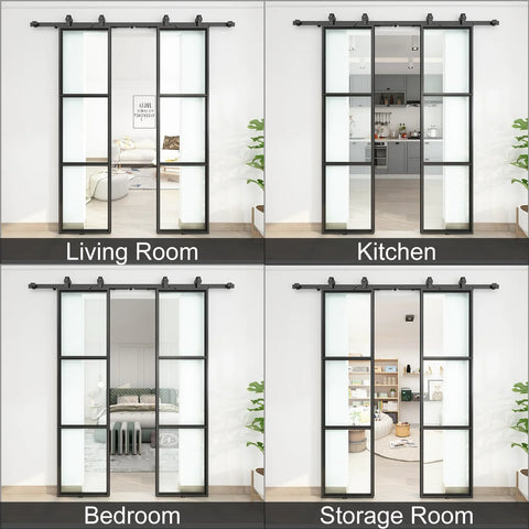 Double Sliding Barn Door Set 42 By 84 Inch With 7 Foot Hardware Kit And Soft Close Mechanism Includes Two 21 Inch By 84 Inch Three Pane Clear Glass Panels Carbon Steel Frame No Brainer Install in living room, kitchen, bedroom, and storage room setting.