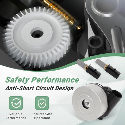 VORGENS vacuum blower motor with white plastic gear, grey housing, and metal fittings.