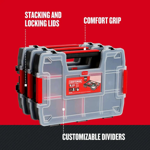 Three Pack Small Parts Organizer With Ten Compartments And Removable Dividers, Secure Latch Lids For Sturdy Stacking shown from side view