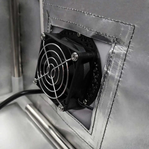 Close-up of stainless steel frame showing 12V fan inside Printer Enclosure With Ventilation Filter And Speed Control 12V Fan 5000RPM For Resin 3D Printing Pro Grade Dustproof Temperature Controlled Tent For Ender 3 Pro V2 Ender 3 S1 Neo Grey Stainless Steel Frame And Large View Window.