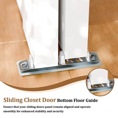 Five Panel Sliding Closet Door Kit With Track And Floor Guide No Fuss Install For 60 By 80 Inch Openings White MDF Doors With Smooth Glide Perfect For Bedroom Closets Storage Rooms Studies And Living Spaces showing bottom floor guide on wooden floor