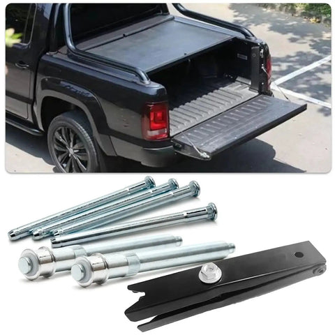 Door Hinge Pin And Bushing Repair Kit With Roller Pins For Chevy GMC Trucks Suburban Tahoe Compatible Hinges Durable Zinc Plated Steel Includes 4 Hinge Pins And 2 Roller Pins displayed with an open truck bed