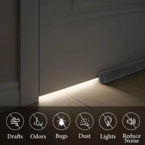 All Weather Door Draft Stopper With Plush Velour Fabric Universal Under Door Seal And Sound Proofing Strip Blocks Drafts Light And Odors, shown installed under door