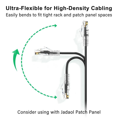 Cat6a Patch Cable 1.5ft 24 Pack Slim 28AWG Snagless UTP Ethernet Cables showing flexibility and fit in tight rack spaces