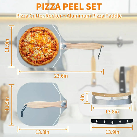 Pizza Peel And Rocker Cutter Set For Home Kitchen With Aluminum Paddle 12 By 14 Inches And Four 14 Inch Rocker Cutters