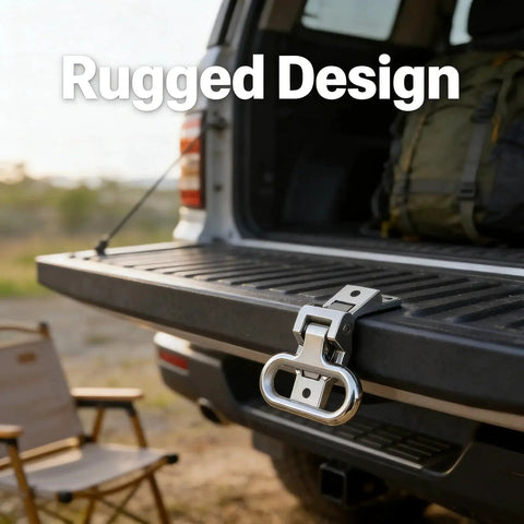 316 stainless steel folding foot pedal with spring-loaded hinge installed on a truck tailgate for boat trailer boarding.