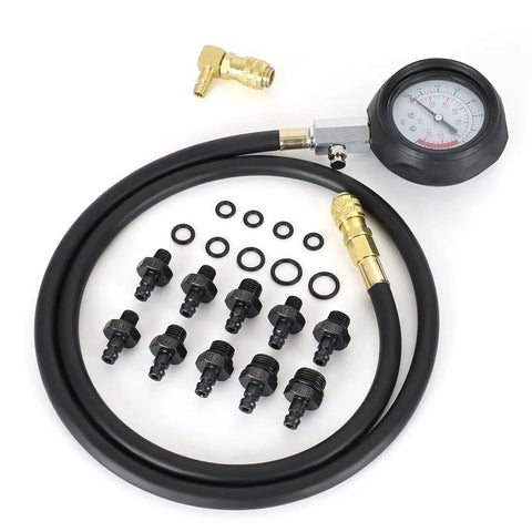 Oil Pressure Tester Kit For Cars ATVs And Trucks With 0 To 140 PSI Mechanical Gauge, diagnostic hose, and adapters.