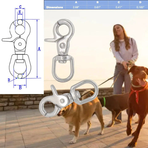 Close-up of two 2.65-inch stainless steel swivel trigger snap hooks (lobster claw clasps) for pet leashes