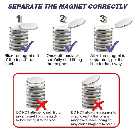 Six Pack Super Strong Neodymium Disc Magnets With Double Sided Adhesive for correct separation instructions.