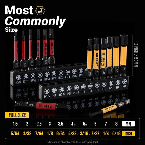 Pro Grade Heavy Duty Impact Hex Bit Drill Bit Set, 24 Piece, 2 Inch Bits In Metric And SAE, S2 Steel, displayed in storage box