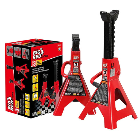 3 Ton Jack Stands 2 Pack with Adjustable Lock Welded Steel Vehicle Support next to product packaging.