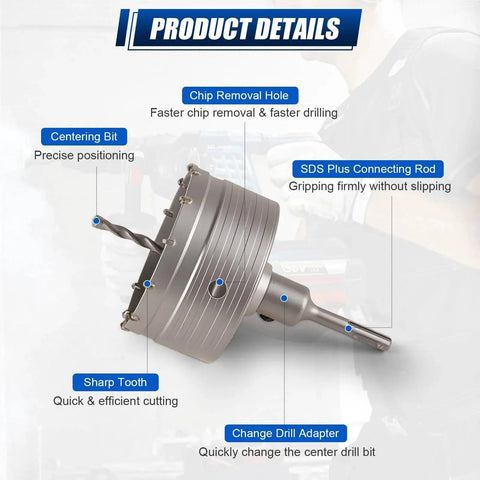 All In One Concrete Hole Saw Kit With Twenty Two Pieces And Seven Sizes From Thirty Mm To One Hundred Ten Mm Includes SDS Plus And SDS Max Core Drill Bits For Concrete Brick And Stone Walls Workhorse For Pros Luney, close-up of drill bit features including centering bit and SDS Plus connecting rod.