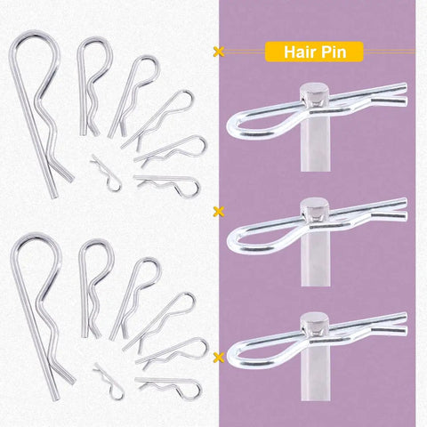 Stainless Steel Cotter Pin Set With 110Pcs R Clips Hairpins For Automotive And Machinery 304 Stainless Steel Fasteners In Multiple Sizes For Hitch Pin Lock System Swpeet, showing various sizes and installed views of cotter pins and hairpins.