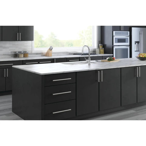 Kitchen island with 12 Inch Center To Center Stainless Steel Cabinet Handles installed on dark cabinets