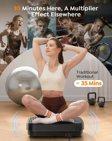 Woman using full body vibration plate for home workouts with 99 adjustable speeds, enhancing muscle toning and lymphatic drainage.