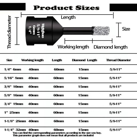 Diagram of dry diamond core drill bits for porcelain tile granite marble glass vacuum brazed hole saw kit pro grade with measurements.