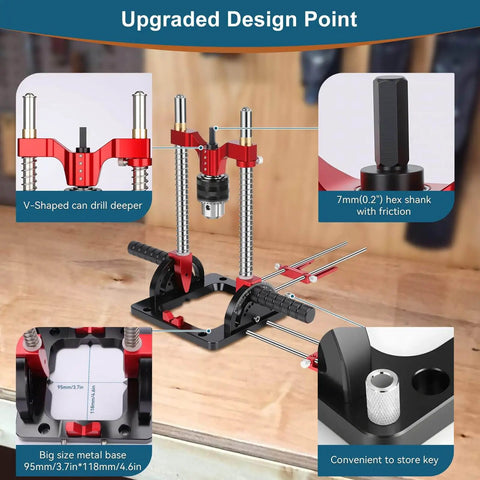 Upgraded Portable Drill Guide for Precise Straight Holes, Adjustable from Zero to Sixty Degrees, showing V-shaped design and features.