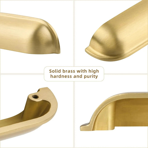 Details of brushed matte gold brass cabinet drawer pulls, flat dresser vanity door handles, rust resistant brass furniture hardware.