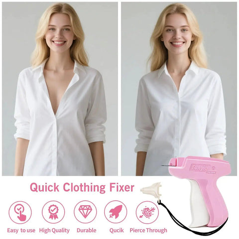 Before and after using Clothing Repair Gun Kit With 5mm Mini Fasteners In Black And White, durable invisible stitches, pink handle sewing tool.