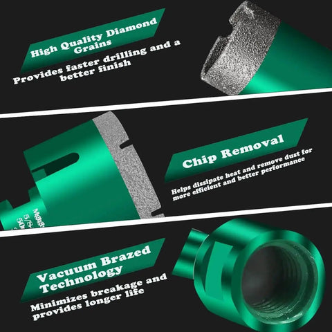 Diamond Core Drill Bit Pro Grade For Porcelain Tile And Stone Three Sixteenth Inch Five Millimeter Five Eighths Inch Eleven Thread Dry Drilling Vacuum Brazed For Ceramic Masonry Brick Granite Marble Green Mgtgbao with labels showing diamond grains, chip removal, and vacuum brazed technology.