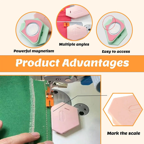 Three-pack magnetic seam guides for sewing machines; pink and mint-green hexagonal guides with scale, shown installed on sewing machine.