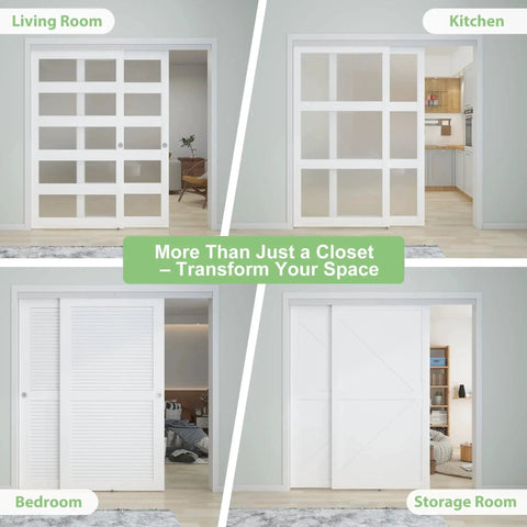5 Foot 60 Inch Bypass Door Hardware Kit With Aluminum Double Closing Sliding Closet Doors, Finger Pull Included, shown in various rooms