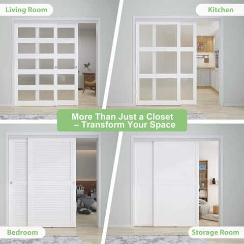 4 Ft Aluminum Bypass Barn Door Hardware Kit With Double Closing Sliding Closet System in living rooms, kitchens, bedrooms, storage rooms.
