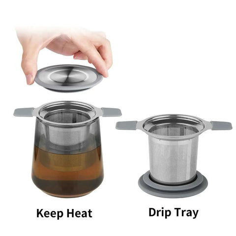 Stainless Steel Loose Leaf Tea Infuser With Extra Fine Mesh Ball Heat Proof Dual Handle Steeper shown with lid and drip tray