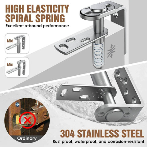 Close-up of 304 stainless steel saloon door hinges with spiral spring for cafe doors, showing rustproof design and durability.