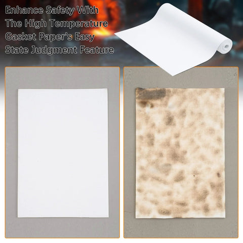 Front view of gasket paper samples: white sheet left, brown-stained sheet right, with a rolled white gasket sheet above.