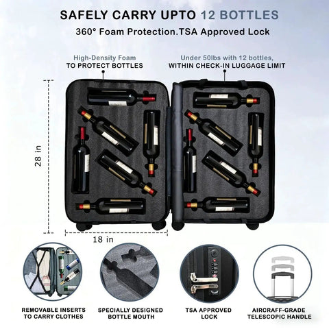 12 Bottle Wine Travel Case For Airplanes With 360 Degree Foam Inserts And Removable Shelves TSA Approved Lock Open View