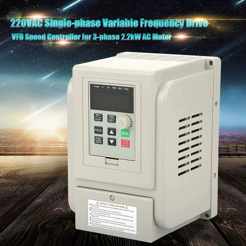 Rugged 2.2kW Variable Frequency Drive VFD for 120V to 220V single phase and 3 phase motors with big heat sink and easy terminal wiring