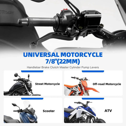 Installed universal 7/8 in (22 mm) motorcycle clutch and brake lever with hydraulic master cylinder on the handlebar; black.